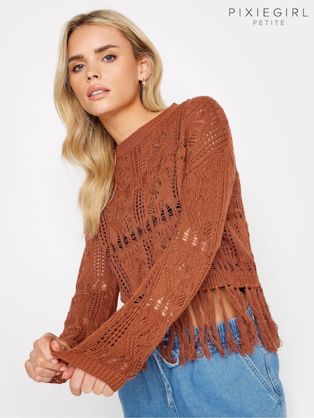 PixieGirl Petite Brown Rust Orange Crochet Tassel Jumper (N28862) | £31