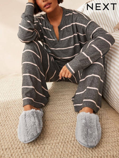 Grey Faux Fur Mule Slippers (N28884) | £12