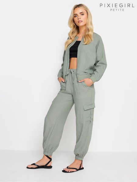 PixieGirl Petite Green Linen Cuffed Cargo Trousers (N28890) | £34