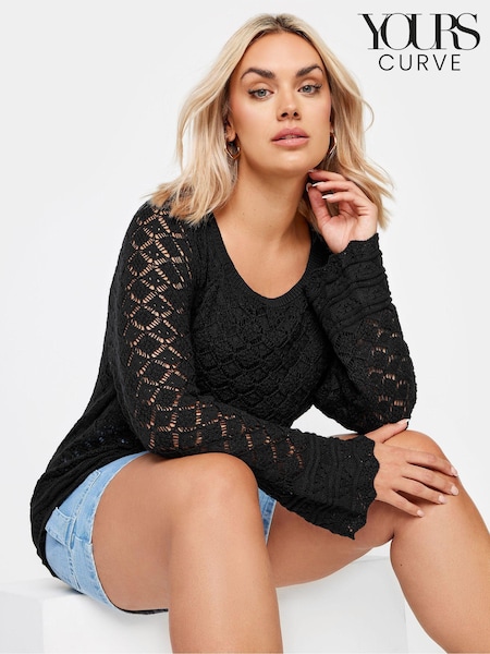 Yours Curve Black Crochet Detail Jumper (N29183) | £29