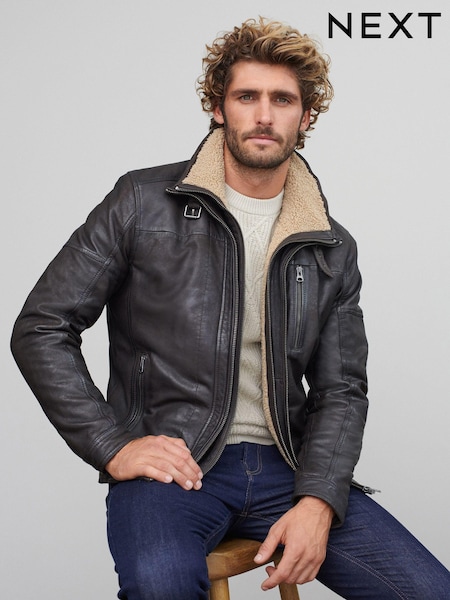 Brown Four Pocket Borg Lined Leather Jacket (N29248) | £190