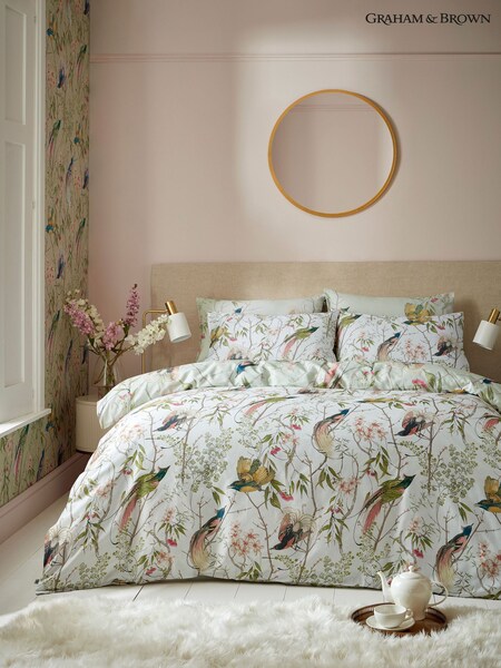 Graham & Brown Green 100% Cotton Clavering Birds Duvet Cover and Pillowcase Set (N29427) | £90 - £110