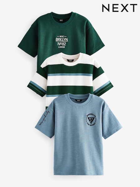 Blue/Green Relaxed Fit Textured Short Sleeve T-Shirts 3 Pack (3-16yrs) (N29664) | £25 - £31