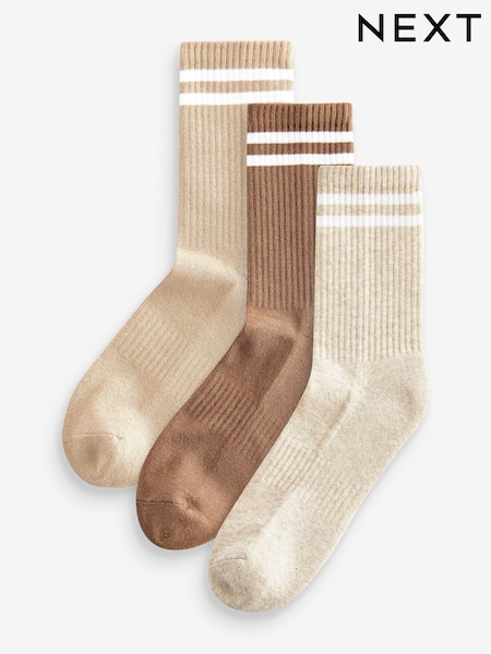 Neutral/White Stripe Cushion Sole Ribbed Sport Ankle Socks 3 Pack With Arch Support (N29743) | £10
