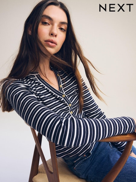 Ecru White/Navy Blue Ribbed Button Detail Long Sleeve Henley Top (N31152) | £22
