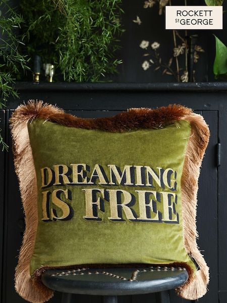 Rockett St George Dreaming Is Free Velvet Fringe Feather Filled Cushion (N32250) | £45