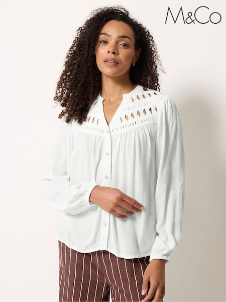 White - M&co Crochet Insert Long Sleeve Blouse