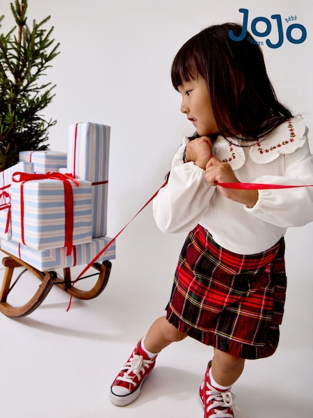 Burgundy Red Tartan - Jojo Maman Bébé Tartan Skort And Jersey Embroidered Top