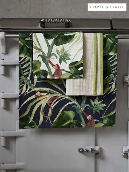 Clarke & Clarke Set of 3 Indigo Blue/Cream Monkey Business 100% Cotton Tea Towels (N33743) | £22