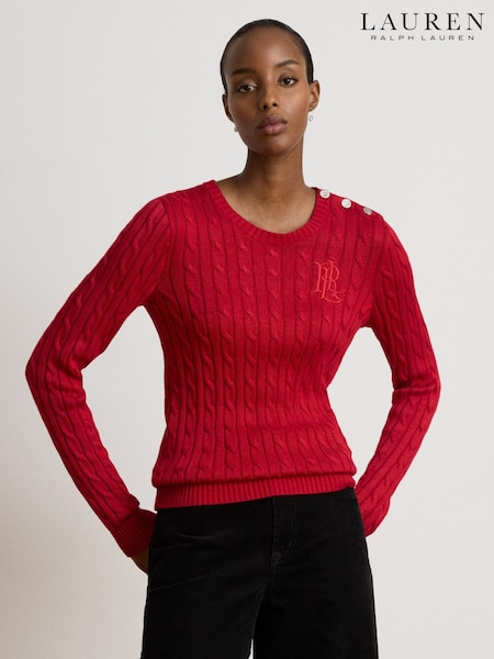 Red - Lauren Ralph Lauren Montiva Button Cable Knit Cotton Jumper