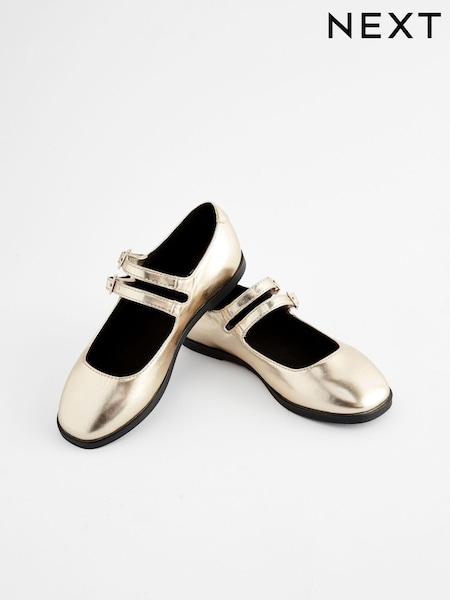 Gold Metallic Double Strap Mary Jane Shoes (N34845) | £22 - £29