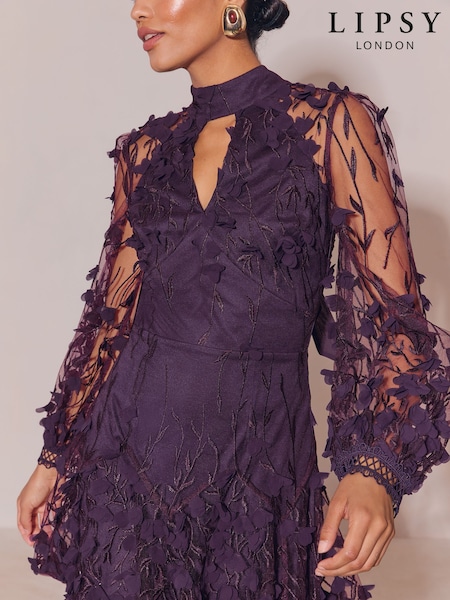 Purple - Lipsy 3d Floral Mesh Sleeve High Neck Mini Dress