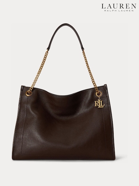 Brown - Lauren Ralph Lauren Bradley Pebble Leather Chain Handle Tote Bag