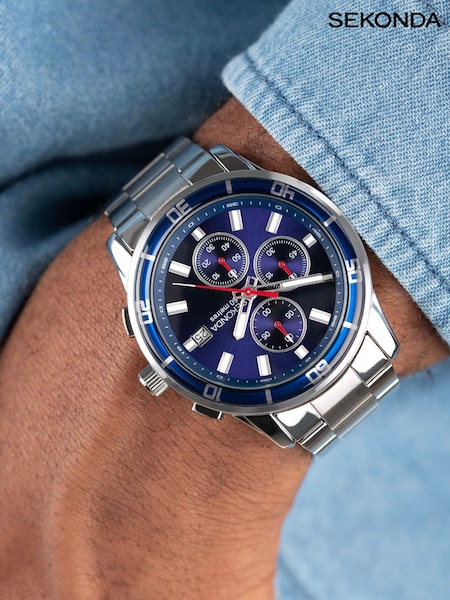 Sekonda Mens Midnight 44mm Analogue Silver Tone Watch With Case And Stainless Steel Bracelet With Dark Blue Dial (N37278) | £90