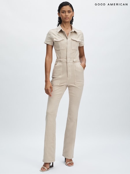 Good American Sand Good American Twill Utility Bootcut Jumpsuit (N37965) | £196