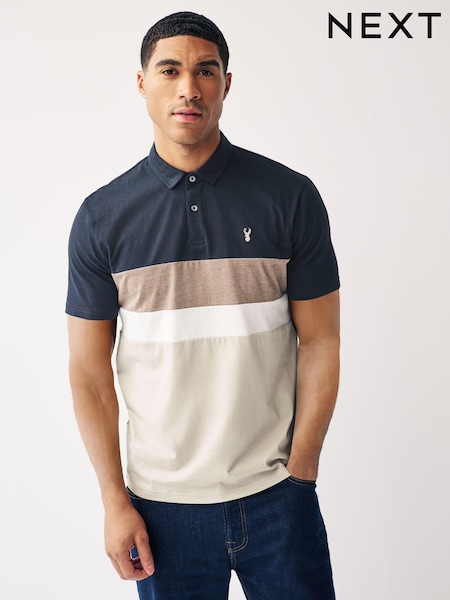 Navy Blue/Neutral 100% Cotton Short Sleeve Button Up Block Polo Shirt (N38536) | £18