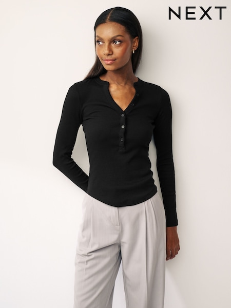 Black Ribbed Button Detail Long Sleeve Henley Top (N39916) | £20