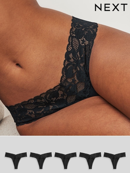Black Thong Floral Print Lace Knickers 5 Pack (N40830) | £22