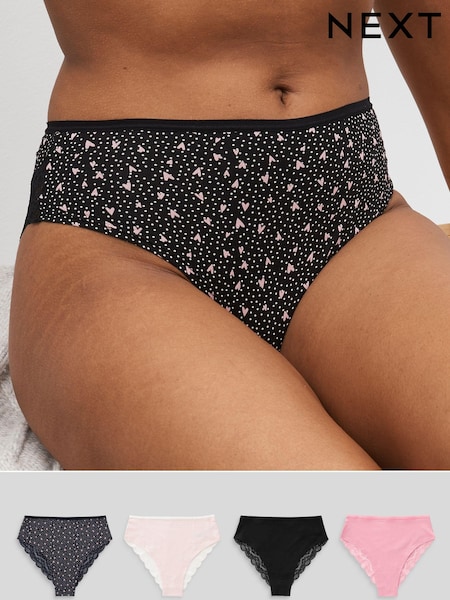 Black/Pink Heart Print High Rise High Leg Lace Knickers 4 Pack (N40837) | £19