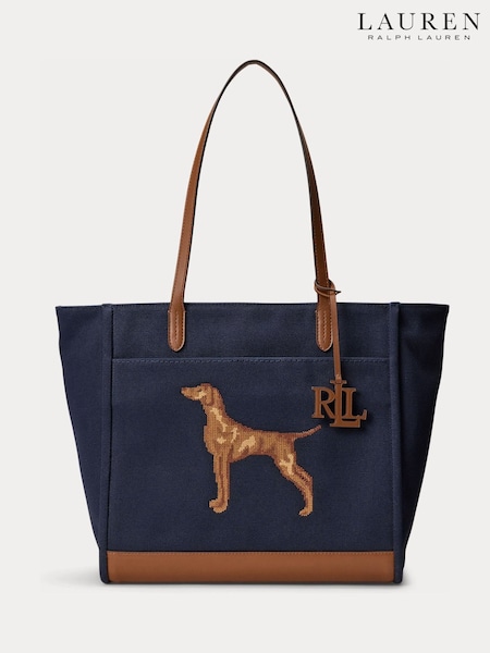 Blue - Lauren Ralph Lauren Cameryn Viszla Print Leather Trim Tote Bag