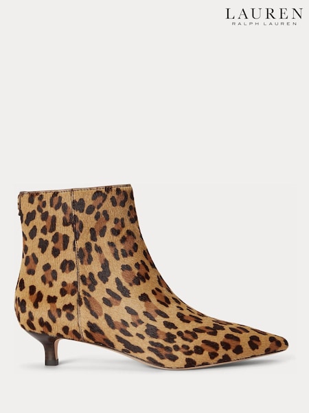 Brown - Lauren Ralph Lauren Francesca Kitten Heel Haircalf Leopard Print Ankle Boots
