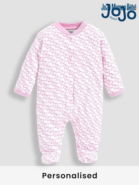 JoJo Maman Bébé Pink Personalised Little Elephants Cotton Baby Sleepsuit (N42032) | £26.50