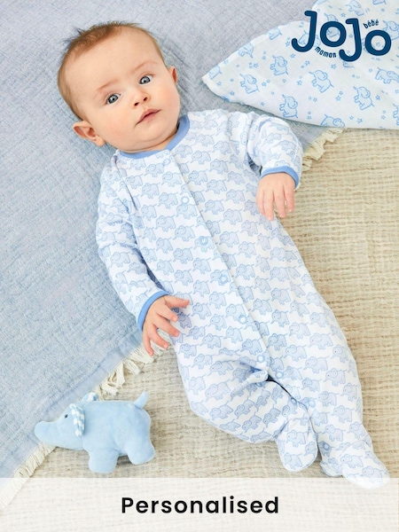 JoJo Maman Bébé Blue Personalised Little Elephants Cotton Baby Sleepsuit (N42033) | £26.50