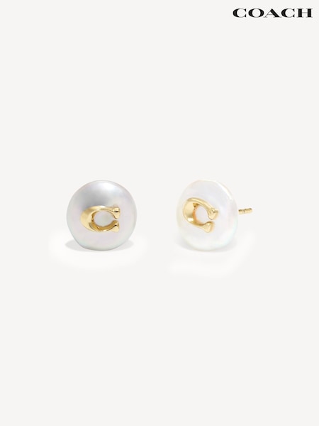 COACH Gold Tone Signature Coin Pearl Stud Earrings (N44549) | £40