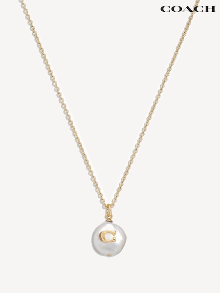 COACH Gold Tone Signature Coin Pearl Pendant Necklace (N44577) | £75