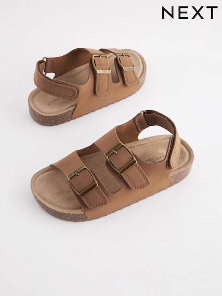 Tan Brown Standard Fit (F) Double Buckle Cushioned Footbed Sandals (N45179) | £16 - £21