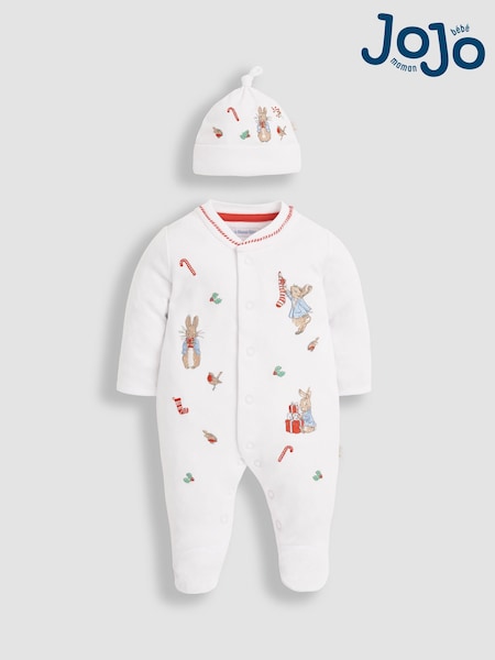 JoJo Maman Bébé White Peter Rabbit Christmas Cotton Baby Sleepsuit & Hat Set (N46018) | £29