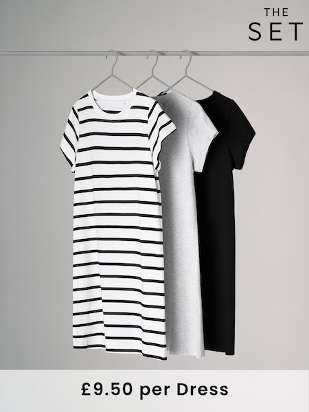 The Set Black/Grey/White Stripe 3 Pack 100% Cotton Short Sleeve T-Shirt Dresses (N47324) | £28.50