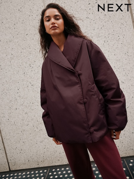 Plum Red - Shawl Collar Wrap Shower-resistant Padded Jacket