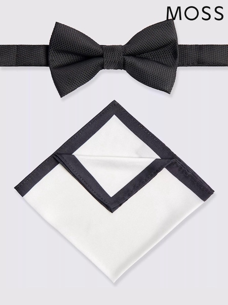MOSS Black Textured Bow Tie & Hank Set (N48994) | £25