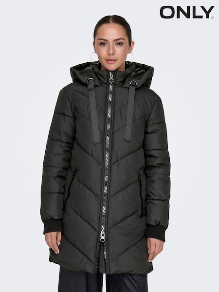 ONLY Black Hooded Longline Coat (N49235) | £68