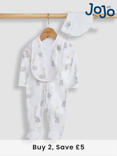 JoJo Maman Bébé White 3-Pack Sleepsuit, Hat & Bib Set (N49429) | £29.50