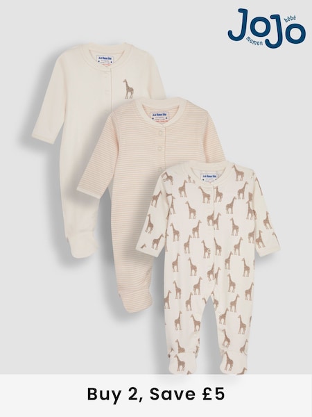 JoJo Maman Bébé Natural Giraffe Cotton Footed Animal Print Sleepsuits 3-Pack (N49447) | £29.50
