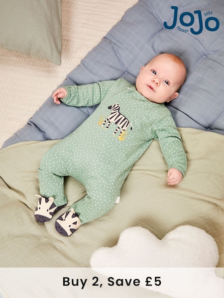 JoJo Maman Bébé Green Zebra Appliqué Zip Sleepsuit (N49481) | £21