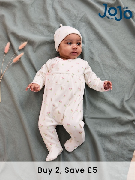 JoJo Maman Bébé Cream Floral Embroidered Pretty Sleepsuit & Hat (N49483) | £26