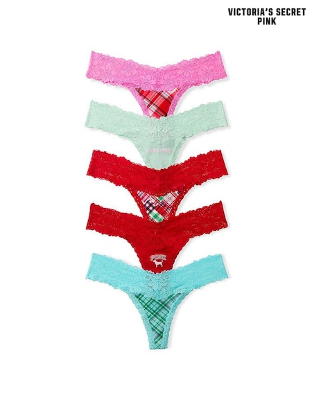 Red/Green/Pink Tartan - Victoria's Secret Pink 5 Pack Ribbed Lace Trim Knickers