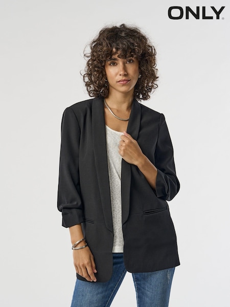 ONLY Black Ruched Sleeve Workwear 100% Cotton Blazer (N50550) | £40
