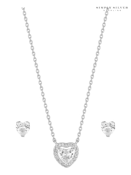 Simply Silver Sterling Silver Tone 925 Cubic Zirconia Halo Heart Set - Gift Boxed (N52433) | £30
