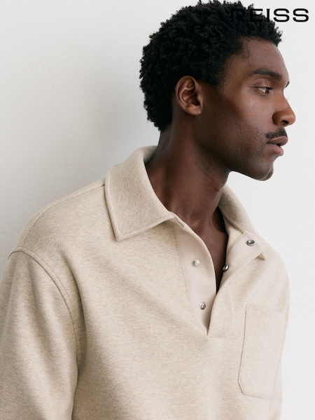 Oatmeal Melange - Regular Reiss Gray Herringbone Press-stud Polo Sweatshirt