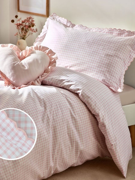 Pink Gingham 100% Cotton Printed Bedding Duvet Cover and Pillowcase Set (N53613) | £22 - £34