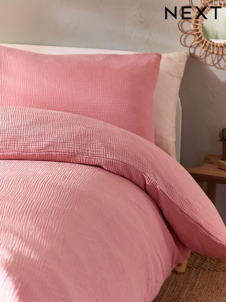 Pink Crinkle Muslin 100% Cotton Duvet Cover and Pillowcase Set (N53617) | £35 - £55