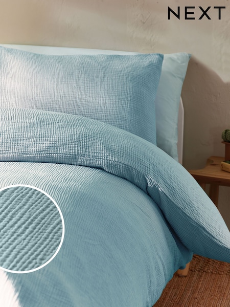 Modern Blue Crinkle Muslin 100% Cotton Duvet Cover and Pillowcase Set (N53636) | £35 - £40