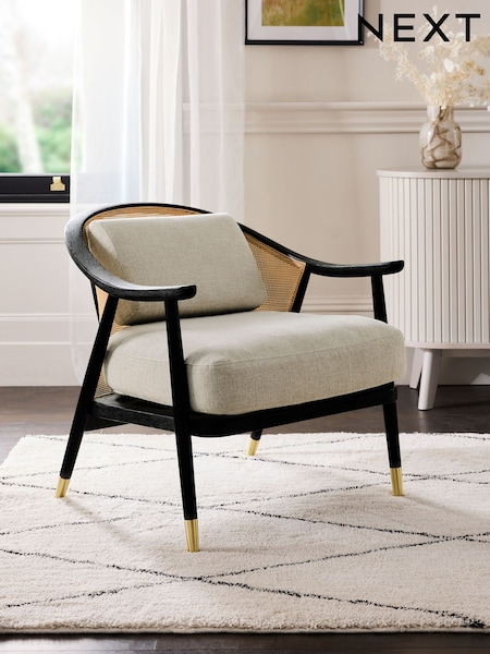Black Frame Tweedy Plain Light Natural Reuben Curved Wooden Rattan Accent Chair (N54179) | £375