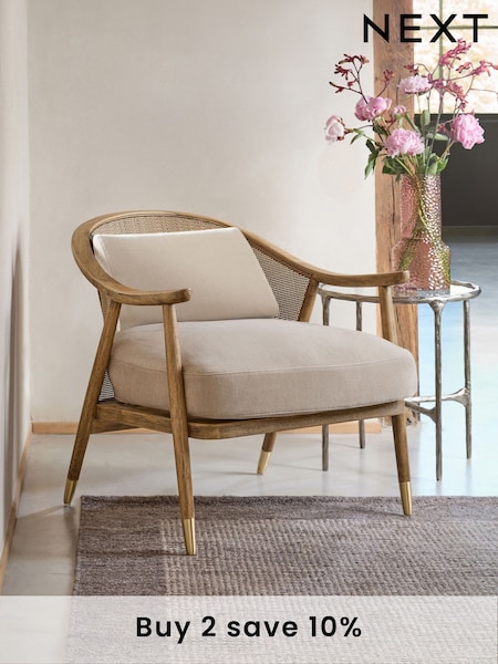 Bronx Frame Relaxed Chenille Light Natural Reuben Curved Wooden Rattan Accent Chair (N54183) | £375