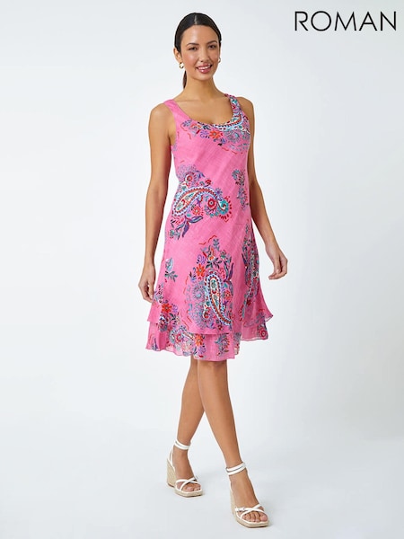 Roman Pink Paisley Print 100% Cotton Layered Dress (N54229) | £42