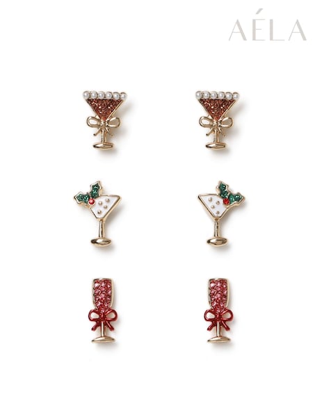 Gold Tone - Aela Gold Tone Christmas Cocktail Stud Earrings 3 Pack